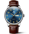 OLEVS Brown Watches for Men Blue Big Dial Leather Analog Mens Watch Casual Luminous Easy Reader Watches for Elderly Three Hands Dress Watch Day and Date Impermeable Male Watch