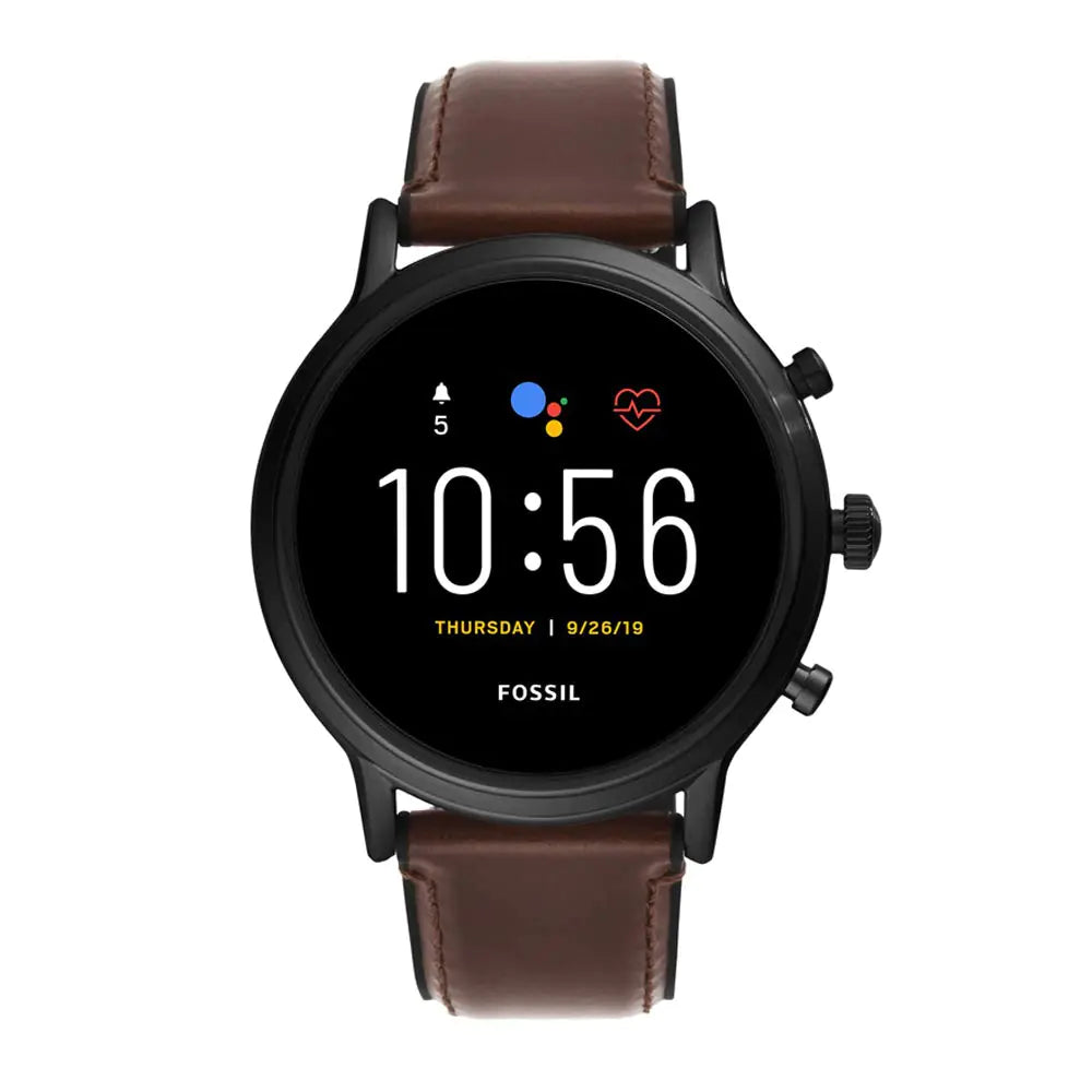 Fossil 44mm Gen 5 Carlyle Stainless Steel and Leather Touchscreen Smart Watch Color: Black Brown (Model: FTW4026)