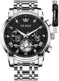 OLEVS Men Black Watch Chronograph Business Dress Analog Quartz Stainless Steel Waterproof Luminous Moon Phase Luxury Casual Wrist Watch Men