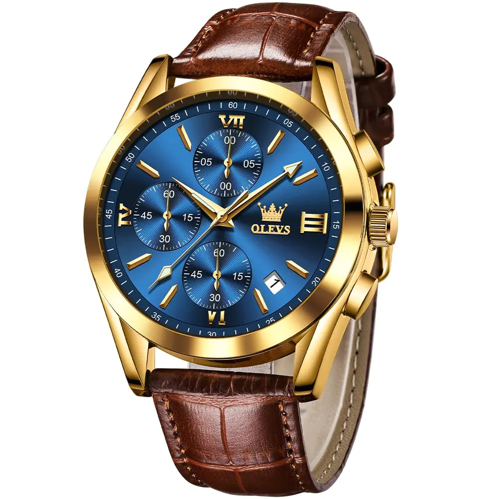 OLEVS Watch for Men Number Large Dial Brown Leather Strap Watch Multifunctional Chronograph Wrist Watch Date Luminous Waterproof Mens Watch Blue
